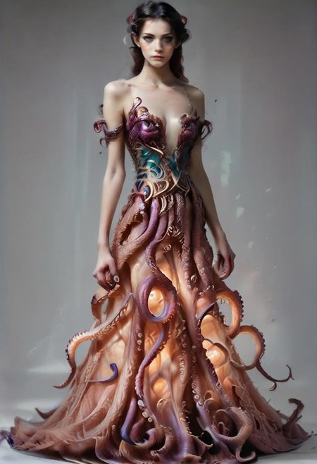 safe_pos, score_9, score_8_up, score_7_up, rating_safe, concept art, semi-realistic, 1girl, solo.
Young beautiful face, fit body, Sexy face, Sexy body, Proportion body. 

TentacleDress. (Tentacles:1.5). 
(Long dress), (Long skirt:1.5). Luminescent.

((Full body)), (((Stay))).