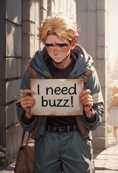 score_10, score_9, score_8, score_7_up, need_buzz, holding sign, source_anime, 1boy, blonde hair, silver eyes, shy, looking away