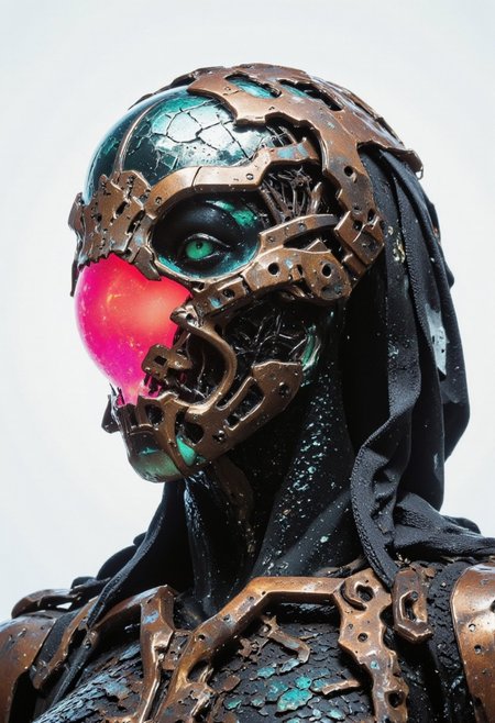 An extreme macro close-up of a translucent robotic head resembling a serpent, its hollow, glass-like surface revealing the decayed remnants of its inner mechanisms. The lifelike scales, once vibrant, now shift with eerie, fading neon tones of pink, red, yellow, and green, bleeding into one another like the last embers of a dying machine. Subsurface scattering (SSS) effects illuminate fractured wiring beneath the surface, glowing faintly with irregular pulses, as if struggling to cling to life.
The lighting is dim and cold, with harsh backlight casting long shadows through the translucent material, emphasizing the cracks and imperfections in its once-flawless design. The shallow depth of field blurs the desolate backdrop, littered with rusted metal fragments and faintly glowing debris, adding to the sense of abandonment.
The robotic head is crowned with a weathered metal hood, its surface pitted and scarred as if corroded by years of acid rain. A central circular aperture, cracked and flickering with an unstable turquoise light, dominates the frame. Etched into the hood are intricate filigree patterns, their coppery glow dim and irregular, like the fading heartbeat of an ancient, forgotten machine. These shifting patterns pulse faintly, evoking an organic-mechanical aesthetic—a haunting relic of a future consumed by entropy. in the style of ck-ncr,