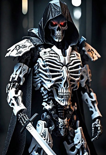 (masterpiece:1.2), best quality, high resolution, perfect lighting, extremely detailed, (Terminator assasin),  battle scared white and black carbon armor,  Wearing a dark cloak with hood, skull face just visable under hood, full_armor, humanoid, Metal Human skull head, (extreme detailed micro mechcanical scary Metal human skull design). Samurai sword shinning silver, Runes decorative embossments over his cloak, slim muscular body fast agile and stealthy, background a dark back street with subtle lighting and shadows, facing viewer, solo,