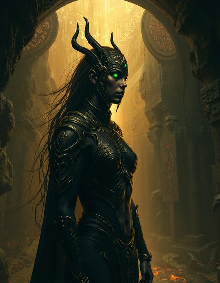 In a dimly lit, eerie cavern of obsidian, a shadow priestess with dark, smooth skin and piercing green eyes stands tall, her sleek, sharp armor etched with faintly pulsing runes like dying embers, as tendrils of living darkness flow from her ornate headdress, amidst ancient glyphs etched into the walls, casting an otherworldly glow, reminiscent of Guillermo del Toro's dark fantasy style, with bold contrasts, textured shading, and intricate details, shot in a cinematic, high-contrast style with warm, golden lighting and deep shadows, film grain, and subtle lens flares, with a muted color palette and subtle, surrealistic color grading. The painting is in the style of umesky<lora:ume_sky_v2.safetensors:0.8:0.8>