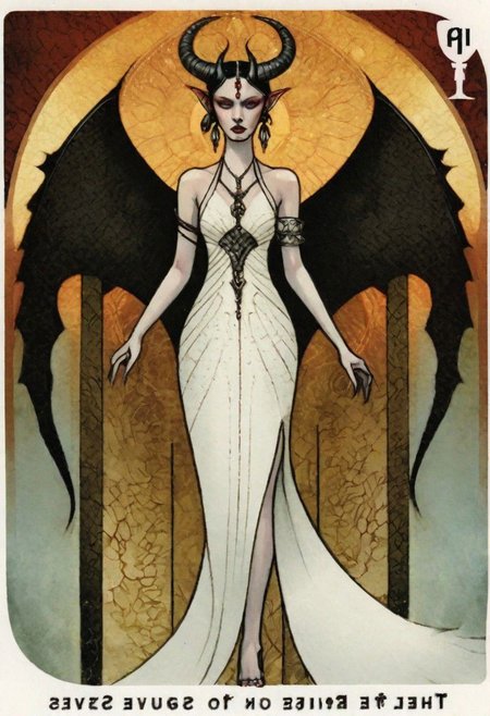 art deco, art by Seb Mckinnon, beautiful woman in wedding dress, bride, black hair, crown of horns, demon_wings, forked tail, copper skin, jewelry,