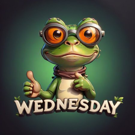 <lora:Web_Cartoon:0.8>, ("WEDNESDAY" text logo:1.3), a portrait of humanoid frog with thumb up in ( dark sunglasses), 3d text, outline, professional graphics, vector art, simple background, <lora:dvr-ftl:0.8>,