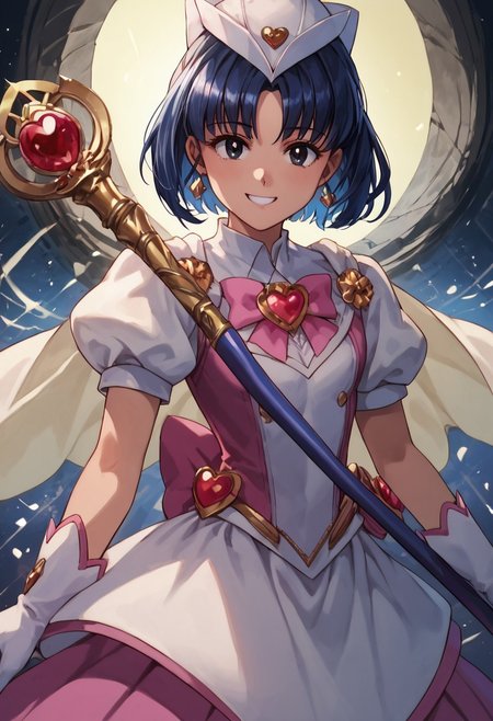 ultra-detailed), ((extremely detailed)), (high resolution), 4K, (8K), best quality, (beautiful), (dynamic lighting), (super detailed skin), sharp focus, (1_girl, solo focus), score_9,score_8_up,score_7_up,anime coloring BREAK source_anime,anime, , score_9, score_8_up, score_7_up, source_anime, rating_safe, intricate details, 1girl, <lora:Isara_Gunther:1>, isara, Dark blue hair, black eyes, short hair, score_9, score_8_up, score_7_up, score_6_up, score_5_up, score_4_up, detailed, intricate details, source_anime, , (best quality) , (highly detailed) ,((masterpiece)), ((best quality) ,magical girl, heart, hat, puffy short sleeves, white gloves, dress, white headwear, short sleeves, puffy sleeves, staff, def,, laying, looking at viewer, smile, indoor, 
detailed eyes、detailed face and detailed skin <lora:add-detail-xl:1.0>
