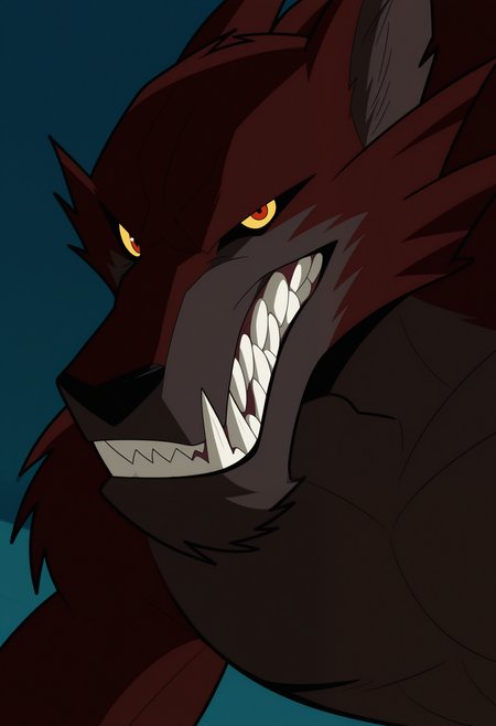 masterpiece,best quality,amazing quality, 1boy, solo, f0xb&b, werewolf, orange fur, colored sclera, red eyes, close up, side angle, smirk, looking at viewer,