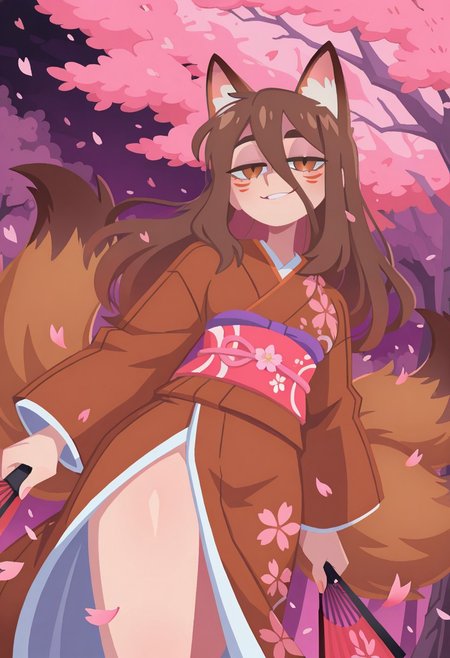 uncensored, highest quality, masterpiece, intricate details, highly detailed, drapped kimono, embroided kimono, japanese fan, dutch angle, cowboy shot, dynamic shot, dynamic pose, 1 boy, solo, brown fox ears, long hair, long bangs, brown hair, fox tail, nine tails, masculine eyes, masculine face:0.8, average physique, tall, yandere, smirk, chiaroscuro, very awa, t4kar4i_illu, no_outlines,no lineart, vanripper:0.2, cherry blossom, petals, pink atmosphere