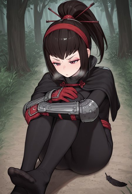 ie,  outdoors, undershirt, falling feathers, black bodysuit, hair stick, hugging own legs, , gauntlets,   eyeshadow,   red gloves,  high ponytail,  , black capelet, red hairband, pink eyes, 1girl, solo, feet, visible breath,   dynamic angle, foreshortening, smell, steam,