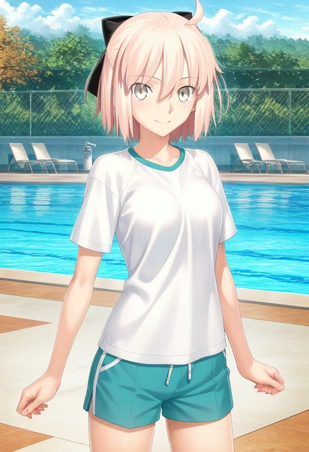 masterpiece, best quality, absurdres, detailed skin, detailed eyes, detailed face, anime colored, anime screencap, anime colored,
<lora:Okita_Souji:1>, okita souji, t-shirt, shorts, looking at viewer, smile,
cowboy shot, 
outdoors, pool,