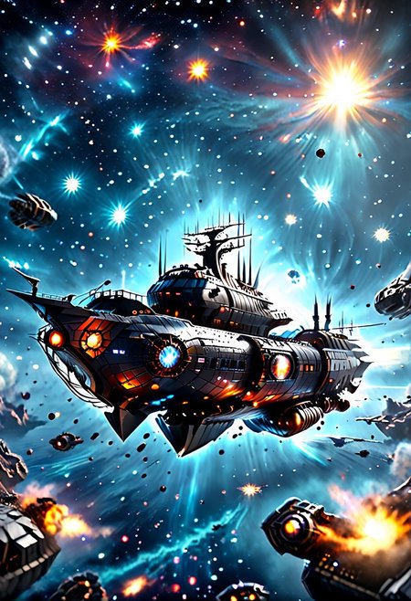 high quality, 8K Ultra HD, highly realistic, The great and sleek black ship is moving forward, blasting through space. It has powerful cannons facing forward that are unleashing powerful blue neutron beams upon an unseen foe. Embark on an enchanting 8K photorealistic journey as a magnificent starship blasts through a star system.  The ship gracefully flies among other ships. The starship's design boasts advanced technological elements. The camera captures every minute detail, by VelvetS, octane render,from slightly to the side.  perfectly symmetrical ship.  Weapons fire blue energy beams, 
<lora:DonM3t3rn1tyXL-v1.1:0.7>, DonM3t3rn1tyXL,
OverallDetailXL  <lora:MJ52:0.3>  <lora:SDXLFaeTastic2400:0.4>