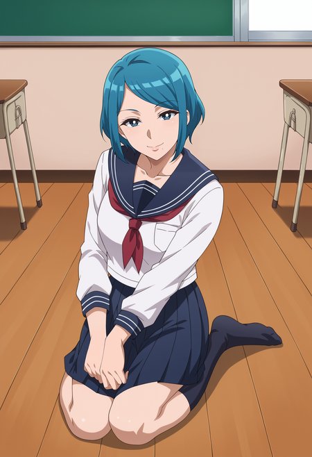<lora:Medhimama-Tsuujou_Kougeki_ga_Zentai_Kougeki_de_Ni-kai_Kougeki_no_Okaasan_wa_Suki_desu_ka_r1:0.9>,Medhimama,mature female,1girl,solo,blue hair,short hair,blue eyes,mole under mouth,serafuku,school uniform,skirt,socks,looking at viewer, smile,indoors
