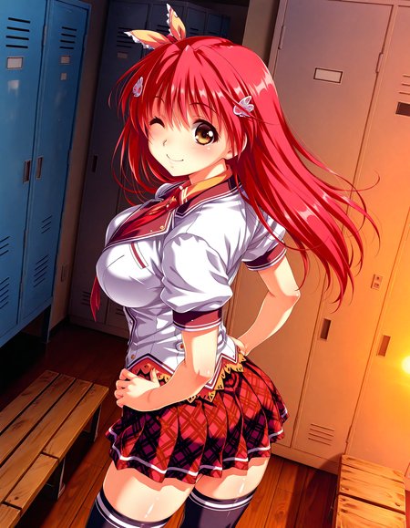 (1girl, solo:1.3), (2girls, 3girls, 4girls, multiple girls, 2boys, 3boys, 4boys, multiple boys:-1.5) <lora:Kohinata_Yuuka_Koi_Mekuri_Clover_Illustrious:0.9>, kohinata_yuuka, large breasts, brown eyes, red hair, long hair, bangs, hair between eyes, hair ribbon, hair ornament, school uniform, red necktie, necktie, plaid skirt, thighhighs, smile, one eye closed, general, contrapposto, dynamic pose, hands on own hips, upper body, from behind, from above, dutch angle, indoors, locker room, locker, wooden bench, (window:-2.0), <lora:NOOB_EPSv1_1_detailer_by_vlnvk_v1_0:1.5>, (photo background:0.7), evening, (tachibana yuu:0.6), inue shinsuke, (kazuma muramasa:0.0), saikawa yusa, (aoi manabu:0.6), abarerumidori, (suzui narumi:0.6), masterpiece, newest, absurdres, 8K, anime screenshot, anime coloring, flat color, official art, film grain, <lora:illustriousXLv01_stabilizer_v1.185c:0.7>, <lora:LECO_Solo:-4.0>,