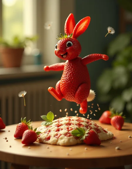 A cartoonish strawberry rabbit leaps mid-air, its body composed of exaggerated, oversized berries squished into a playful pose. The wooden table morphs into a checkerboard-patterned hill, surrounded by candy-cane-striped foliage and floating dandelion seeds. Cel-shaded lighting creates a soft, storybook glow, while the rabbitâs leafy tail flickers with motion blur. A faint golden aura outlines the sculpture, blending childlike charm with surreal humor. Tiny strawberry jam splatters add a tactile, whimsical texture.
_________
dramatic beauty, otherworldly quality, soft lighting, shallow depth of field, high detail, dynamic composition, cinematic shot, film grain, balanced shadows, harmonic colors, emotional depth, symbolic meaning, innovative props/costumes, timeless elegance, modern themes, iconic imagery, unforgettable moment, captivating beauty, stunning impact, thought-provoking, artistic vision, masterful execution.
<lora:cheats:0.4> <lora:NOOB_vp1_detailer_by_volnovik_v1:0.5>