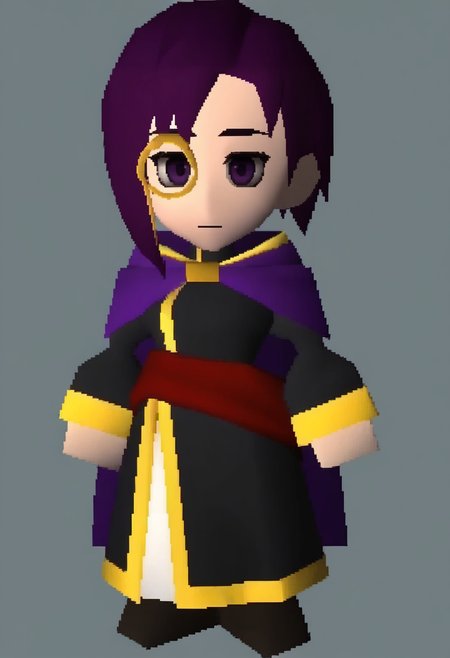 masterpiece, best quality, solo, 1boy, looking at viewer,  <lora:FF7-Chibi-illus_Fp:1>, full body, simple background, 3d, chibi,  <lora:canas-ilxl-t1:1>, black robes, purple cape, purple eyes, purple hair, short hair, red sash,  gold trim, bangs, monocle,