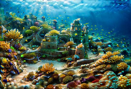 underwater scene, ancient ruins of a merfolk civilization, diagonal god rays, coral structures, stone buildings, colorful fish, lost civilization ruins, sea creatures in underwater gardens, soft glow, filtered surface light, atlantis, concentric islands, otherworldly metropolis, utopian society, lush vegetation engulfing ancient ruins, leafsheep, sea slug