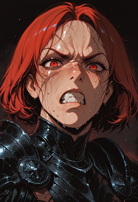 embedding:IllusP0s, codex sss chroma
1girl, solo, close-up, looking_at_viewer, armor, red_hair, short_hair, angry, clenched_teeth, baring_teeth, sweat, scar, scar_on_face, black_armor, dark_background