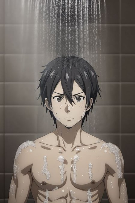 high resolution, solo, best quality, 1Boy, Kazuto Kirigaya, portraits, Black Hair, Black Eyes, shower, bathroom, hot steam, soap foam, shirtless, sixpack, OverallDetail