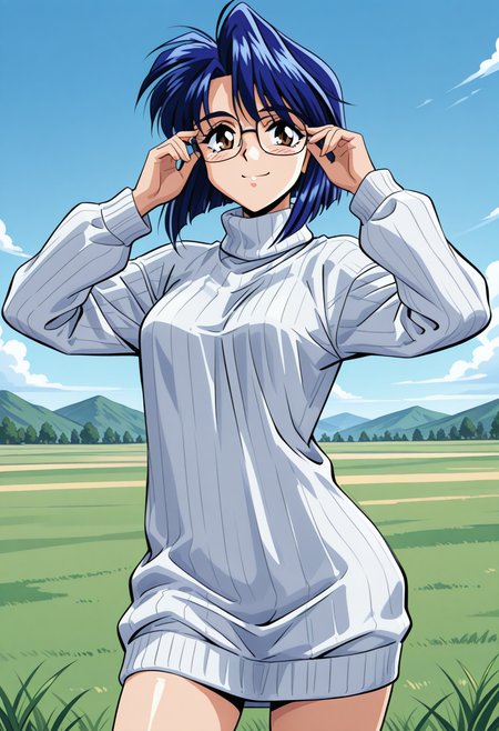 ishibashi_misako, brown eyes, blue hair, short hair, glasses, sweater dress, turtleneck, ribbed sweater, long sleeves, <lora:Graduation_ishibashi_misako_illustrious_ver1:0.8>
smile,, masterpiece, best quality, very aesthetic, absurdres, general,, 1girl, solo, blue sky, (grasslands:1.2), looking at viewer,, (cowboy shot, dynamic pose:1.4),