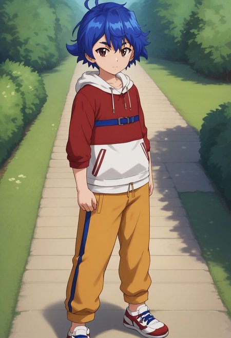 score_9, score_8_up, source_anime, highly detailed, 
riki, 1boy, solo, blue hair, short hair, shoes, male focus, looking at viewer, brown eyes, sneakers, hoodie, red hoodie, white hoodie, two-colours hoodie, pants,
yellow pants,
outdoor