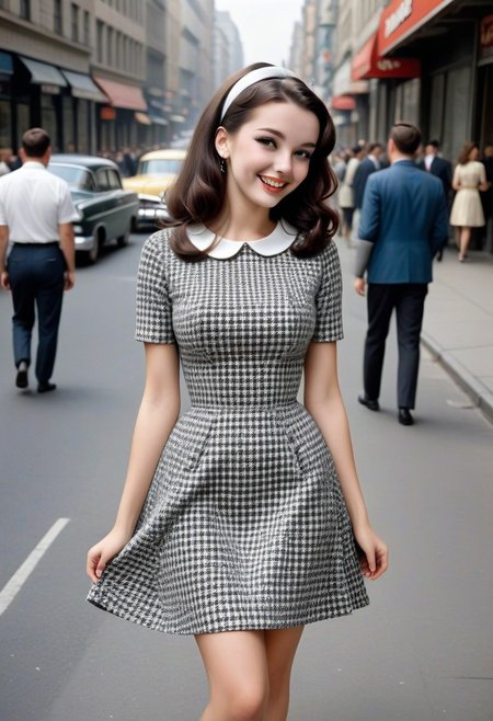 instagram upperbody angled candid image of charming skinny 18-year-old girl next door, walking down busy big city street, wearing revealing tight houndstooth patterned dress, gigantic breasts fully clothed in cleavage dress, gorgeous long dark hair, 1960s female hairstyle, 1960s hairdo, beautiful smile giggling laughing, huge tits bursting out of cute 1960s dress, (1960's style haircut and clothes), (beautypinupart), wearing thin white headband, covering mouth with hand, NONE, majicmix_style