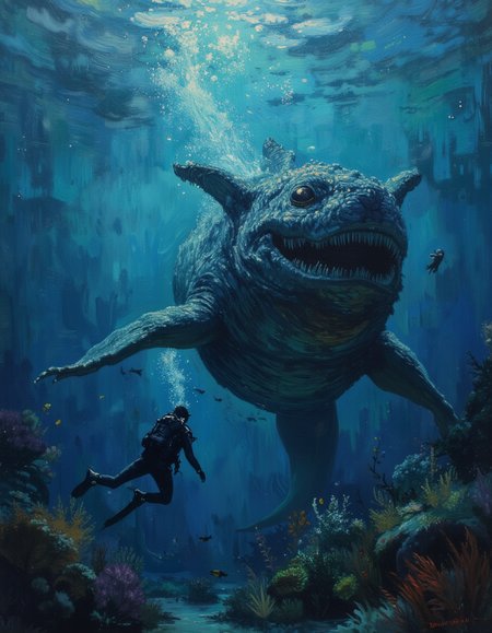 <lora:OBä¸­ä¸çºªæ²¹ç»v1.1:1> OByouhua, oil painting
deep dark ocean, a scuba diver swimming underwater, in the distance a giant large sea monster with 2 ears, round mouth and teeth, it is slightly visible but not fully,
<lora:Dark Cinematic:0.5> DRK