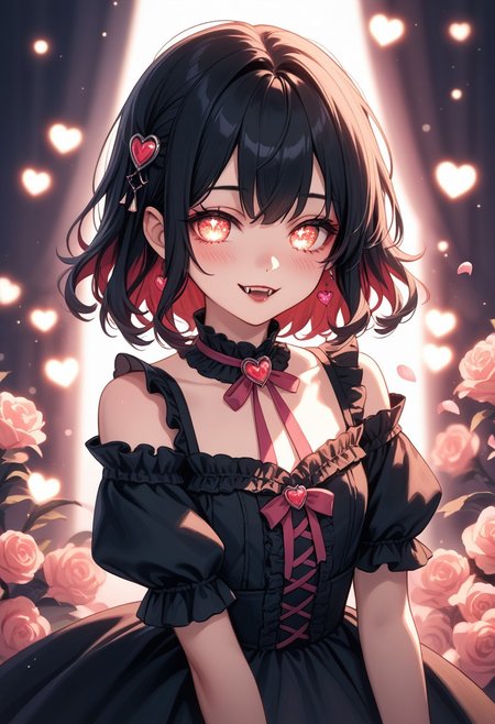 masterpiece, best quality, high quality, high details, source_anime, score_9, score_8_up, score_7_up, extremely detailed,
cute vampire girl, parted lips, fangs, black hair, big sparkling eyes with heart-shaped highlights, gentle blush, sweet soft smile, wearing a frilly off-shoulder black dress, warm peach-pink color palette, soft bokeh background with sparkles and light petals, soft glowing backlight, dreamy lighting, magical atmosphere, ultra adorable expression, newest anime style, high detail,