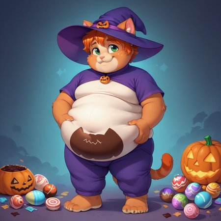score_9, score_8_up, score_7_up, source_anime, candy everywhere, eating chocolate, white skin, standing in a pile of candy, full of candy, floating candy, magic, hands in belly, freckles, cat ears, cat tail, cat paws, orage fur, furry anthro, halloween candy, easter chocolate, 1girl, covered in chocolate, wearing witch costume, wearing purple sweatpants, witch hat, fat thights, barefoot, soles, face covered in chocolate, fat, belly overhang, happy mood, happy expression, smile, ginger hair, fat arms, fat legs, double chin, green eyes, fat chest, messy hair, tired, halloween theme, chibfurri, five toes, cub.