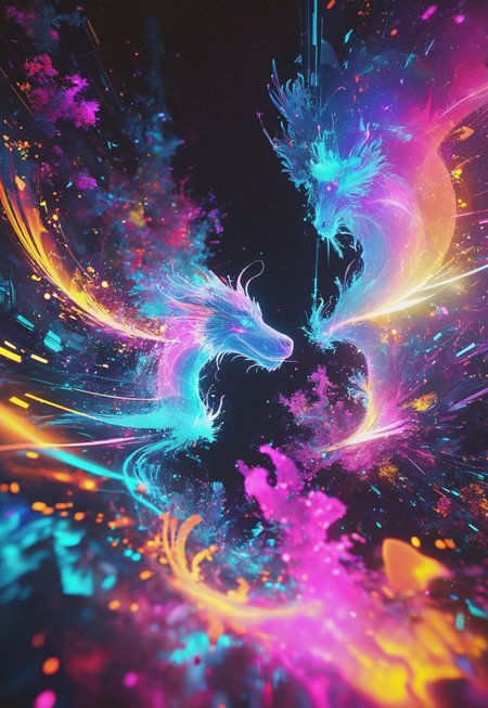 Abstract drawing, the woman's silhouette barely perceptible, soft ghostly outline dissolving into the background, a stunning explosion of colors—vivid oranges, azure blues, hot pinks, neon purples, and electric greens swirl and flow like liquid, merging in chaotic yet harmonious waves. Futuristic elements emerge—floating geometric shards, neon circuitry spiraling in and out of focus, holographic patterns shifting, glowing abstract symbols flickering. The silhouette hints at a figure, abstract lines suggesting arms and a face, but it’s fragmented, almost dissolving. Neon streaks of light burst from the silhouette, merging into a fractal network of wires and glitching data streams. Fragmented cityscapes and neon billboards peek through the chaos, distorted and bending like reflections in a rippling surface. Floating orbs, futuristic drones, and holographic dragon shapes twist through the vibrant scene, dissolving into waves of energy. Psychedelic layers pulse with brightness, creating depth. The entire scene radiates energy, dreamlike and disorienting, an abstract fusion of digital beauty and chaos.
 <lora:add-detail-xl:1>
 <lora:Dynamic Poses:1>