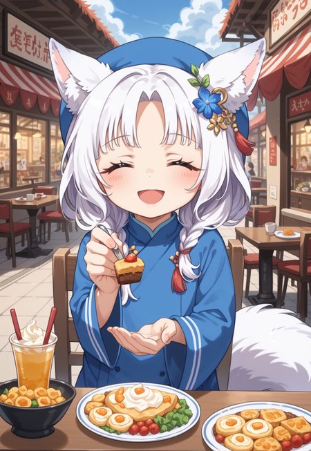 score_9,score_8_up,score_7_up,source_anime ,absurdres,detailxl,zPDXL3,
(Masterpiece:1.3),(best quality:1.2),high resolution,high quality,detailed,cute details,
cowboy shot,sitting,
fantasy,
fox girl, priestess robe, elaborate cute innerwear,elaborate cute blue outerwear, hair ornament
detailed fluffy ears, lowered ears, fluffy tail fur,detailed face,
, white fur, white hair with golden highlights, (covered brests:1.5), closed eyes, open mouth, subtle smile
outdoors,restaurant,table,chair,
<lora:ColorRoughSlider:-0.1>,
<lora:zy_Detailed_Backgrounds_v1:0.6>,
<lora:feeding_Pony_v1:1>,feeding,long hair,braided ponytail,on stomach, basukechi_style, bhands, 5 fingers