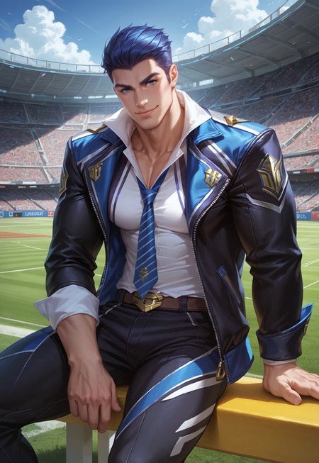 safe_pos, Score_9, Score_8_up, Score_7_up, best quality, realistic, shading, shading detailed, countershading, Expressiveh, dynamic scene, outside, sitting on bleachers, football field

(((solo))), 1boy, bara, masculine, male focus, ba jayce, handsome face, blue hair, blue eyes, short hair, pale skin, muscle, big arms, big chest, thick thighs, detailed skin, skin shading, open jacket, white shirt, blue necktie, jacket on shoulders, pants, fully clothed, small smile, closed mouth