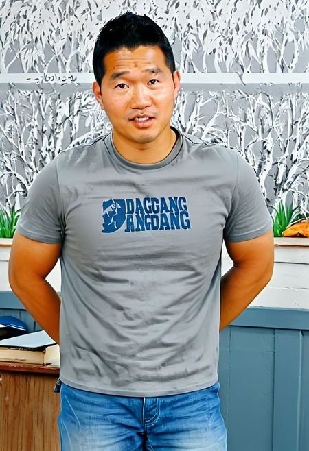 (((htkangface))), daddy,  natural face expression, (((detailed HtKangface))), fixed htKangface Photorealistic, realistic, masterpiece, intricate details, detailed background, depth of field, photo of a handsome, dynamic pose, natural face expression, (((looking at viewer))), high detail, high quality, male focus,  ((T shirt)), ((pants)), ((classroom background))