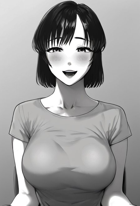 score_9_up, score_8_up, score_7_up, high quality image, masterpiece, source_anime, aimi, 1girl, greyscale, monochrome, breasts, solo, large breasts, open mouth, looking at viewer, shirt, short sleeves, collarbone, blush, bangs, smiling