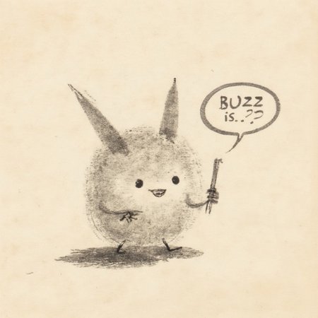 tokugawa style ink painting,
a cute creature saying "BUZZ is...?".