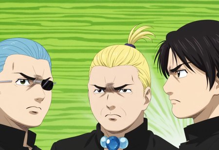 detailed background, 
 <lora:cromartie.pony:1>,
cromartie, 3 boys, 
shade face,nobunaga,hideyoshi,ieyasu