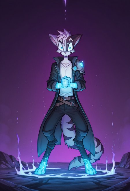 Mace, Dreamkeepers, 1boy, solo, standing,  glare, arms down, fists, strong, power, epic, blue aura, blue glow, glowing blue, glowing eyes, single armor shoulder plate, long jacket, dangling arms,   ((epic)), blue eyes,  open jacket, white shirt, eyes half closed, anthropomorphic, feline-like, spiky hair, tail, front view, masterpiece, high detail, ((epic)), black jacket, wavy hair, looking at viewer, blue shoulder plate, glowing eyes, blue glow, purple sky,  black pants, belts,