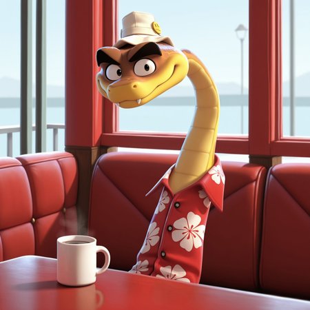 uncensored, masterpiece, best quality, highly detailed, realistic, 1boy, solo, MRSK, ffurry, feral, scalie, snake, black eyebrows, black eyes, brown body, brown scales, yellow body, yellow scales, two tone body, two tone scales, red hawaiian shirt, white bucket hat, hat pin, upper body, sitting, smile, closed mouth, fangs looking at viewer, indoors, restaurant, coffee mug, window, red booth, table, detailed background, 