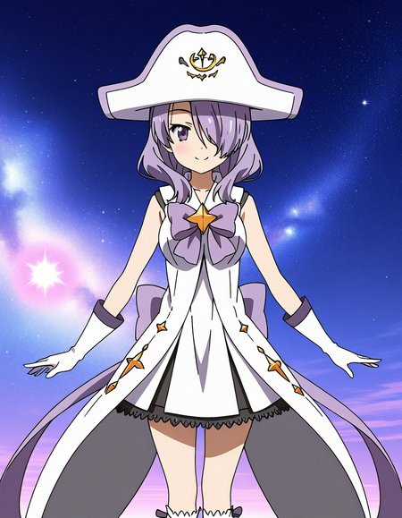 general,highres, ultra-detailed,very aesthetic,best quality ,best hands,  BREAK <lora:Nanako_Houkago_no_Pleiades_IS:1>Nanako(Pleiades), 1girl, purple hair, hair over one eye, purple eyes, long hair, breasts, anime coloring, Nanako(Pleiades), hat, witch   solo, gloves, white hat, smile, pause, dress,  bow, purple footwear, white dress, purple ribbon, napoleon hat, cowboy Shot, smile,
looking at viewer, white gloves, kneehighs, socks,  star (symbol), standing, purple bow, sleeveless, medium hair, magical girl,
galaxy, sky,