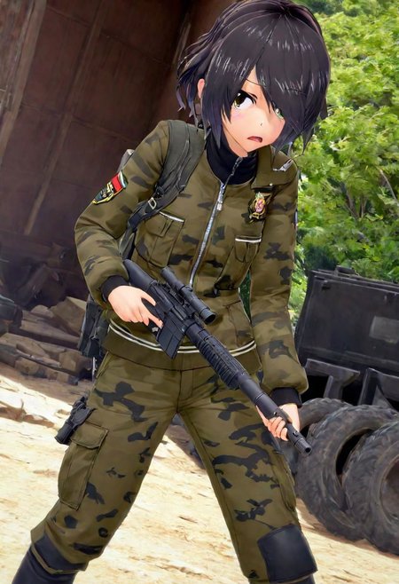 <lora:Sana_Sakakibara:.7>,soldier,cargo pants,camo jacket,(angry determination),shooting a shoulder bazooka