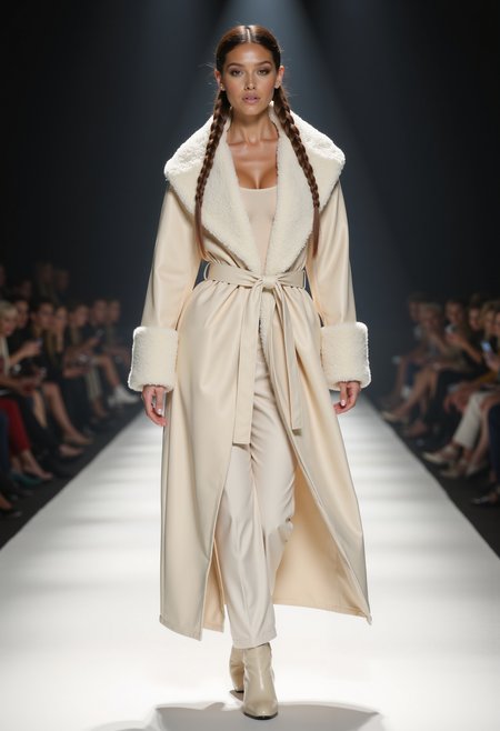 full body shot, beautiful woman, braided hair, clo023, wearing a closed longline cream coat, shearling collar and cuffs, belted at the waist, top, trousers, boots, walking on a catwalk, spotlight at her