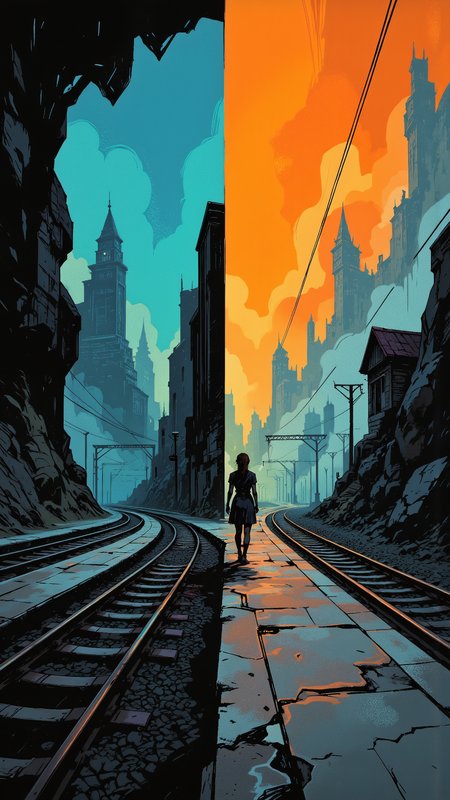 Minimalist composition, bold angular strokes, raw textures, high contrast, negative space, Train platform, solitary woman, endless tracks, cyan, orange hue, <lora:TTCSV1.0-000010:0.8> <lora:Modern_Abstract_Minimalist:0.8>