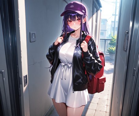 masterpiece, best quality, amazing quality, 1girl, solo,  purple hat, long hair, dark purple hair, red eyes,  backpack, white dress, black jacket,  looking at viewer,  tall female ,delivery,  <lora:Kakuchou no Okina style ILL-v2:1> kakuchounookina