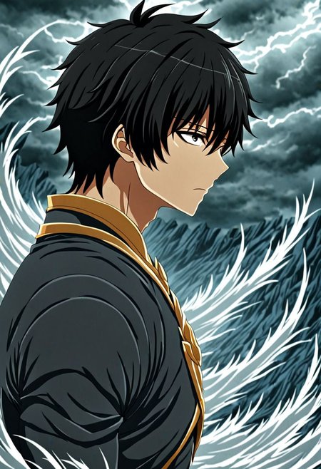 high resolution, solo, best quality, 1Boy, Seiya Kanie, black hair, short hair, thin, existential longing, fantasy background, strong wind, OverallDetail