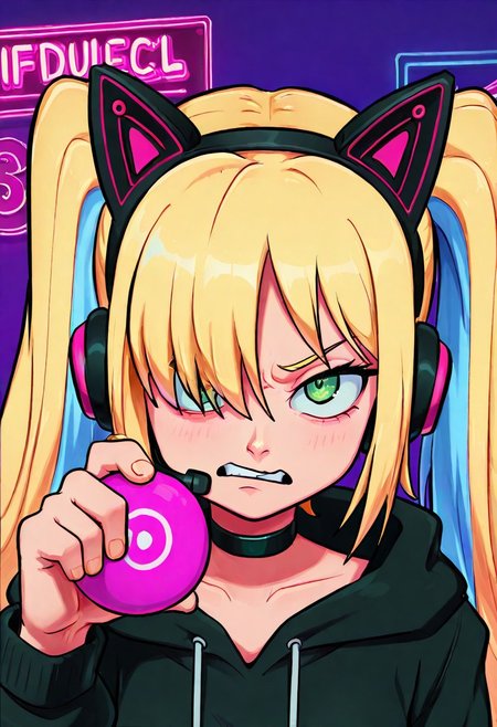 masterpiece, best quality, absurdres, highres, chromatic aberration, 1girl, solo, green eyes, eyelashes, long hair, two-toned hair, blonde hair, blue hair, twintails, bangs, hair over one eye, headset with fake cat ears, holding, black choker, long oversized hoodie, angry, looking at viewer, hypnotized eyes, upper body, closeup, face focus, simple background, psychedelic background, highly detailed, neon lights, vivid colors