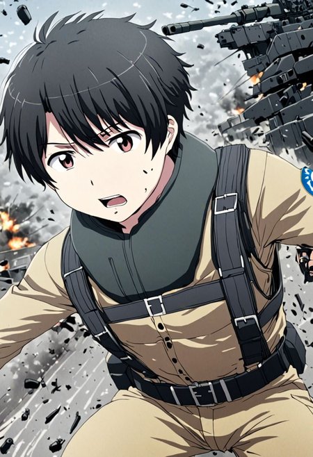 high resolution, solo, best quality, 1Boy, Inaho Kaizuka, Black Hair, military, action, OverallDetail