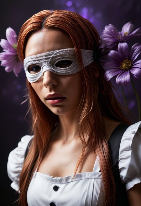 close-up shot, reality-shot, realism, realistic photography, beautiful woman, blindfold, covered eyes, long hair, hair made of copper wire, maid uniform, looking at viewer, purple theme, flower, dark_theme,abstract background, depth of field