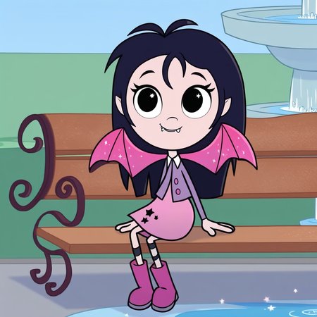 score_9, solo, isadora_m, 1girl, black hair, black eyes, wings, fangs, star (symbol), skirt, shirt, boots, sitting, bench, fountain