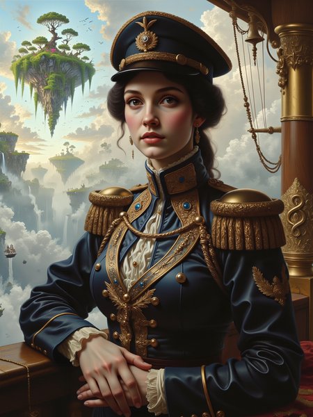 highly detailed and intricate classic victorian era portrait of a beautiful female steampunk admiral, capturing elegance and realism through soft, detailed brushstrokes, blending steampunk with romanticism, adding refined, luxurious textures and a soft, glowing atmosphere, muted colors, on the deck of an opulent airship sailing high above the clouds, the dramatic sky forms a vast backdrop, scattered with soft, painterly clouds, and in the far distance a lush, floating wooded island, ethereal and dreamlike, suspended in mid-air, its verdant greens softened by mist, in the foreground, the airshipâs deck is lined with intricate brass railings polished to a fine gleam, accented by rich, mahogany wood inlays that reflect light, while in the background the soft, billowing clouds stretch across the sky, the distant floating island with delicate foliage and faintly glowing waterfalls adds a fantastical touch, the central figure, a beautiful female admiral with black hair and an admiral's hat, commands attention with an aura of refined grace, her stance calm yet assertive, her uniform is both military and noble, exquisitely adorned with fine embroidery, delicate gold accents, and subtle metallic details, a richly embellished tricorn hat adds a touch of nobility and distinction, her expression is serene and contemplative, her gaze directed beyond the viewer, her eyes reflecting wisdom and strength, her ornate uniform, in shades of navy blue and deep bronze, is embellished with finely crafted silver embroidery and brass buttons, each detail illuminated softly, her hand rests gracefully on the polished brass railing, evoking elegance and control, her posture dignified and slightly angled to reveal the ornateness of her attire, a three-quarter portrait, from the waist up, rendered in a traditional style, the eye-level perspective creates an intimate connection, as if capturing a formal sitting, the floating island covered in lush forest is softly visible over her shoulder in the distance, adding subtle layers of mystique to the composition, gentle, diffused light creates a soft glow across her face and uniform, bathing her features in warm, golden highlights that evoke sunlight on fine silk and polished brass, the light casting a delicate glow onto the brass accents and embroidered details, lending an almost ethereal quality to the scene, the distant floating island is bathed in faint, mystical hues, enhancing the portraitâs romantic allure, oil on canvas, with layered, flowing brushstrokes, capturing the delicate interplay of light and shadow on fabric, metal, and skin, ethereal, 19th century victorian oil painting by ernest normand, <lora:style-ernest_normand-flux-by_darmox:0.76> <lora:style-classic_paint-flux-by_andreac75:0.4> <lora:image_enhancer-flux-by_dever:0.76>
