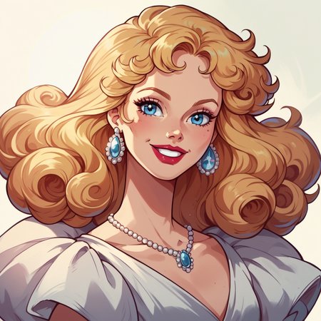 score_9, score_8_up, score_7_up, score_6_up, score_5_up, score_4_up, hud_millirob, 1girl, blonde curly hair, blue eyes, solo, dress, jewelry, retro artstyle,  lipstick, smile, <lora:hud_millirob:0.8>