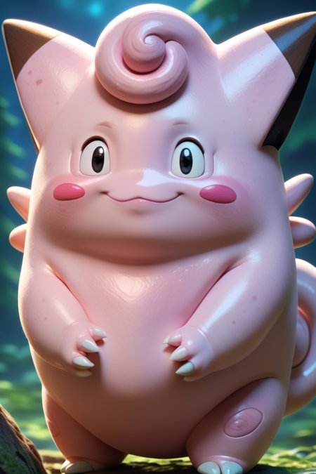 score_9, score_8_up, score_7_up, score_6_up, score_5_up, score_4_up, BREAK  clefairy, pokemon \(creature\),cute,kawaii, pink skin,wide shot, black eyes, curled tail, mini wings, claws, smile, closed mouth,blush stickers, forest, night,looking at viewer,3d <lora:ClefairyPony:1>