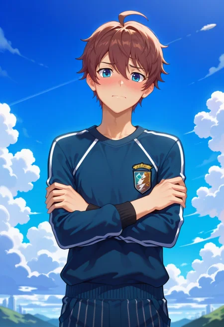 masterpiece, best quality, intricate details, , looking at viewer, , 1boy, solo, male focus, <lora:seto_aihara_ilxl:0.96>, seto_aihara, brown hair, blue eyes, short hair, ahoge, , asymmetrical, spaceship, day, clouds, crossed arms, shy, blush, Pinstripe Jumpsuit, Varsity sweatshirt, Chelseas, , and