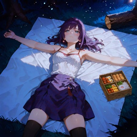 safe_pos, masterpiece,best quality,amazing quality,very aesthetic,absurdres,ultra detailed face,solo,(by morikura en:0.8), (by rappa (rappaya):0.5), senjougahara hitagi, purple hair,blue eyes, mature woman, suzukasuraimu, 3d, huge filesize, scenery, 

subtle details, lens flare, highly detailed skin,blush, beautiful light, detailed background, lying on back, lying on blanket, white camisole, sleeveless, cleavage:0.8, shiny skin, lying on picnic blanket, relaxed pose, picnic blanket with plaid pattern, armpits, light particles, alluring, grass, purple skirt, night, looking at sky, from above, dark, fascinated,thigh highs, leggings, skirt, blush,outdoors, crease, forest, 1 bento box,detailed background, cute, spread arms, legs apart, crease, log, wood, moonlight, volumetric lighting, tranquil smile, nightly, serene atmosphere, wide shot, cowboy shot, tall female,chiaroscuro, depth of field, 